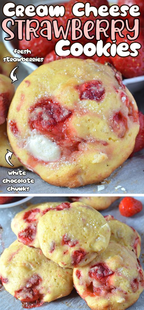 The image shows a close-up of a cookie that has been labeled as "Cream Cheese Strawberry Cookies." The cookies seem to be baked with chunks of fresh strawberries and white chocolate, as highlighted by arrows pointing to these ingredients. The strawberries look juicy and vibrant, indicating they are fresh, and the presence of white chocolate chunks suggests a sweet and creamy flavor profile. All Things Strawberry, Fresh Rasberry Deserts Easy, Fresh Strawberry Cookies, Strawberry Desserts With Real Strawberries, Rasberry Cookie Recipe, Strawberry Cookie, Sugar Cookie Strawberry Dessert, Spring Cookies Recipes, Chewy Cookie Recipes