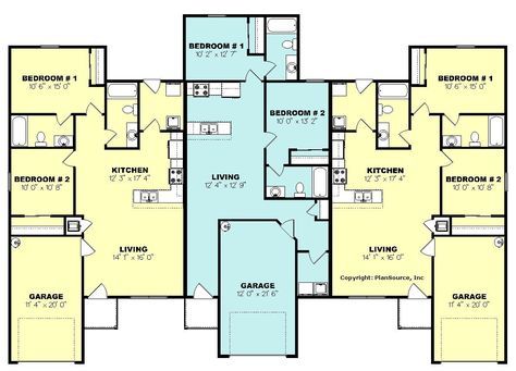 Triplex plan J0324-16T-2 | 2 bed, 2 bath + single car garage each | plansourceinc.com Triplex Plans, Triplex House Plans, Triplex House, Multigenerational House Plans, Multigenerational House, Single Garage, Duplex Floor Plans, Duplex Plans, Building Plans House