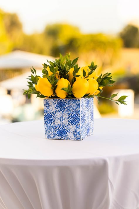 An Amalfi Coast Dream Wedding at Newport Beach - ElegantWedding.ca Amalfi Coast Centerpiece, Amalfi Coast Inspired Wedding, Amalfi Wedding Theme, Lemon Centerpiece Ideas, Amalfi Coast Party, Amalfi Coast Decor, Amalfi Coast Theme Party, Amalfi Coast Italy Aesthetic, Santorini Party