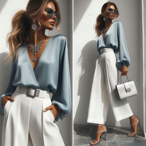 Light Blue Blouse Outfit, Dramatic Clothes, Blouse Outfit Casual, Spring Outfit Idea, Light Blue Blouse, White Trousers, Spring Look, Sleek Ponytail, Looks Chic