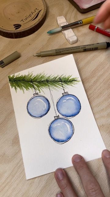 Watercolor Christmas Cards Diy, Watercolor Holiday Cards, Happy Christmas Card, Painted Christmas Cards, Simple Holiday Cards, Ornament Drawing, Simple Christmas Cards, Christmas Card Art, Homemade Christmas Cards