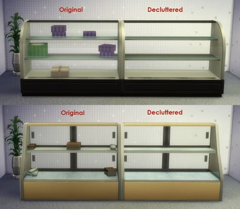 sims 4 cc // custom content clutter decor furniture // Mod The Sims - Updated Decluttered Food Displays Sims 4 Display Case, Sims 4 Miscellaneous, Sims Clutter, Sims 4 Restaurant, Cafe Display, Bakery Display Case, Sims 4 Kitchen, 4 Poses, Sims 4 Studio