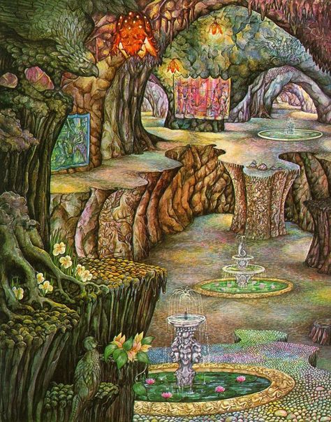 Menegroth, home of Thingol and Melian. Elves & Dwarves together wrought out the images of the wonder & beauty of Valinor beyond the Sea. The pillars of Menegroth were hewn in the likeness of the beeches of Oromë, fountains of silver & basins of marble & floors of many-colored stones, carven figures of beasts and birds, Melian and her maidens filled the halls with woven hangings of the deeds of the Valar, Arda & the future. "That was the fairest dwelling of any king that has ever been east of the The Valar, Marble Floors, Tolkien Art, Beyond The Sea, Jrr Tolkien, Pencil Illustration, Fantastic Art, Middle Earth, Fantasy Landscape