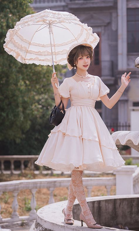 The Dream of KeSaiTe Vintage Classic Lolita OP Dress (suede fabric version) Vintage Poofy Dresses, Simple Standing Poses, Frilly Outfits, Fancy Poses, Doll Poses, Doll Dress Outfit, Elegant Pose, Vintage Doll Dress, Poofy Dress