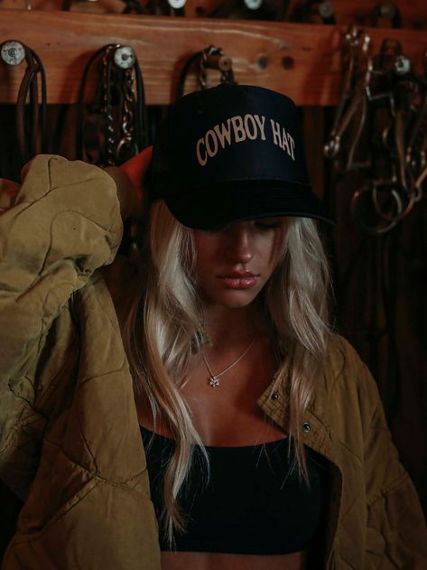 the cowboy hat you didn't think you needed. this trucker will show off your country roots and goes great with any Carhartt accessory. Cowgirl Era, Western Grunge, Summer Necessities, Trucker Hat Black, Cowgirl Aesthetic, The Cowboy, Coastal Cowgirl, Stylish Hats, Down South