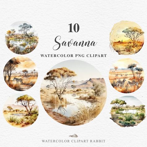 Whimsical Wilderness: Jungle Clipart Animals Stickers Galore Savanna Landscape, Safari Landscape, Jungle Clipart, African Nature, Nature Clipart, African Savannah, Jungle Nursery, Nature Tree, Digital Watercolor