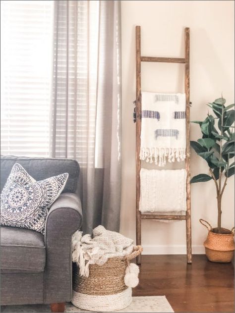 Blanket Ladder With Shelves, Throw Blanket Ladder Display, Blanket Ladder Corner, Decorating With A Ladder On The Wall, Bedroom Blanket Ladder, Blanket Ladder Boho Living Room, Decorative Ladder Living Room, Nursery Blanket Ladder, Boho Blanket Ladder