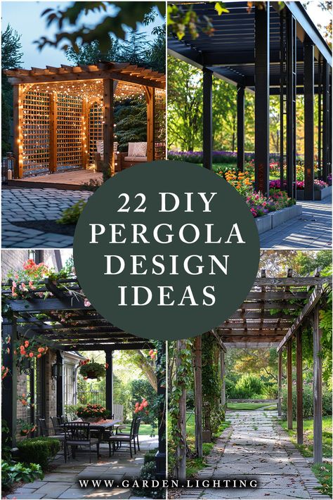 a collage of photos of pergola designs and patio lighting Pagola Ideas Pergolas Outdoor Spaces, Garden Pagoda Ideas Pergolas Patio, Long Pergola Ideas, Front House Pergola Entrance, Custom Pergola Design, Arbor Garden Ideas, Pergola Designs Modern, Pergola Decoration Ideas, L Shaped Pergola Ideas