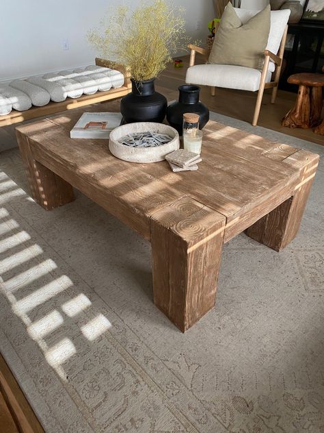 Wood Block Coffee Table Living Rooms, Solid Wood Coffee Table Rustic, Rustic Coffee Table Ideas, Metal Coffee Table Ideas, Dark Coffee Table, Wood Coffee Table Living Room, Cabin Coffee, Oversized Coffee Table, Natural Wood Coffee Table