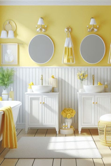 Wake up to sunshine every day with this cheerful yellow and crisp white duo. A bright start to your mornings. #YellowBathroom #CheerfulDecor Yellow Wall Bathroom Ideas, Cute Yellow Bathroom, Cottage Core Bathroom, Vintage Yellow Bathroom, Yellow Laundry Rooms, Landry Room, Color Bathroom Design, Yellow Bathroom Decor, Yellow Bathroom