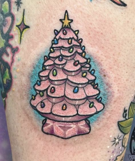 Christmas Tattoo Flash, Christmas Tree Tattoo, Small Pink Christmas Tree, Christmas Tattoo Ideas, Traditonal Tattoo, Christmas Tattoos, Truck Tattoo, Flash Ideas, Flash Sheets