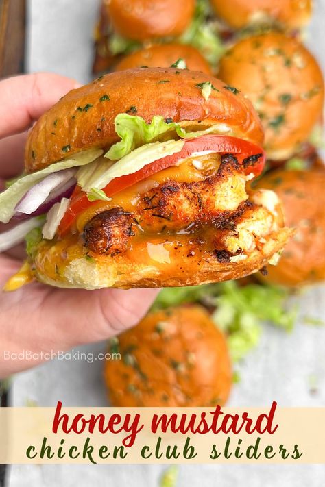 Honey Mustard BLT Chicken Sliders Honey Mustard Blt Sliders, Grilled Chicken Sliders Recipes, Honey Mustard Dinner Recipe, Chicken Slider Sandwiches, Bar Food Recipes Restaurant, Honey Mustard Chicken Blt Sliders, Marry Me Chicken Sliders, Chicken Blt Sliders, Chicken Thigh Sliders