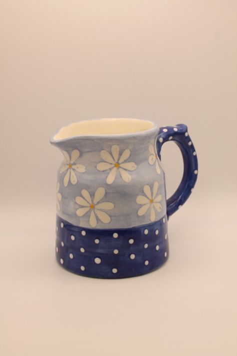 Pitcher Pottery Painting Ideas, Clay Jug Painting Ideas, Pottery Painting Ideas Jug, Vase Pottery Painting Ideas, Milk Jug Pottery Painting, Blue Pottery Designs, Painted Pottery Coffee & Tea Cups, Appreciation Gifts Diy, Diy Pottery Painting