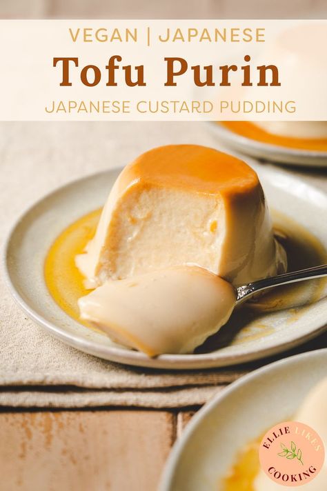 Inspired by Japanese custard purin, this vegan tofu purin is creamy, rich, and silky without the use of eggs or milk! #purin #japanesedessert #veganrecipe #plantbased #tofu #cashews #japanesefood Vegan Tofu Pudding, Tofu Pudding Recipe, Tofu Custard, Japanese Custard Pudding, Japanese Custard, Japanese Pudding, Vegan Custard, Tofu Dessert, Tofu Pudding