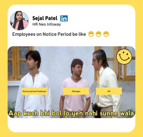 Employees on Notice Period be like😂 . #noticeperiod #funatwork #linkedinconnection #linkdinfamily #daily #hrmemes #linkdinpost #followers Notice Period, We’re Hiring Graphic, Period Memes Funny, Timesheet Reminder Meme, Period Memes Truths, Periods Meme Truths, Period, Fun At Work, Memes