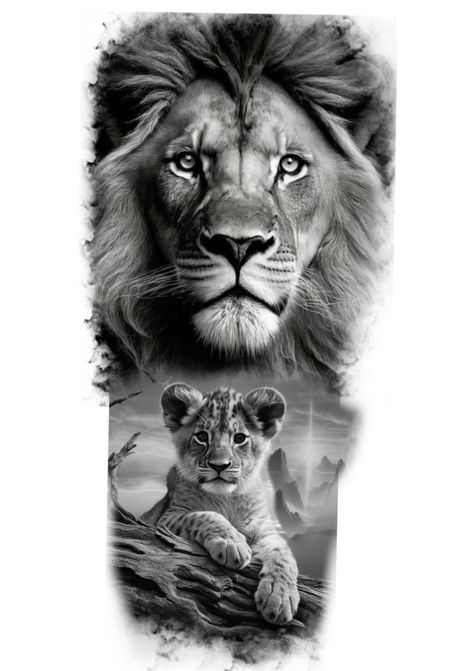 Lion And Baby Tattoo, Lion Cub Tattoo Design, Lion With Cubs Tattoo, Baby Lion Tattoo, Half Lion Tattoo, Sombras Tattoo, Lion Family Tattoo, Maori Tattoo Patterns, Lion Cub Tattoo