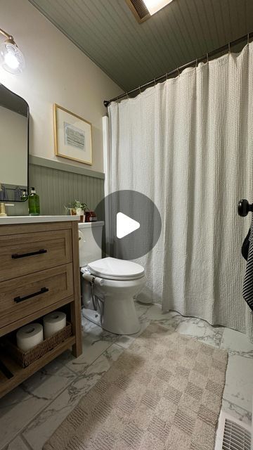 Shandy & Mark on Instagram: "Whole bathroom reno under 45 seconds?! If only it was that easy! 😆 We renovated every square inch if this bathroom and I love how it all came together! What do y’all think?
•
Beadboard is “Muted Sage” from Behr 
Upper wall is Behr “Even Better Beige” 
Vanity and tile from @homedepot
.
.
.
.
#beforeandafterhomeedition #diyhomerenovation #homerenovations #homereno #bathroomrenovation #bathroomreno" Behr Muted Sage, Beadboard Bathroom Walls, Bathroom With Beige Tile, Even Better Beige, Bathroom Beadboard Ideas, Beige Vanity, Beadboard Bathroom, Muted Sage, Beige Tile