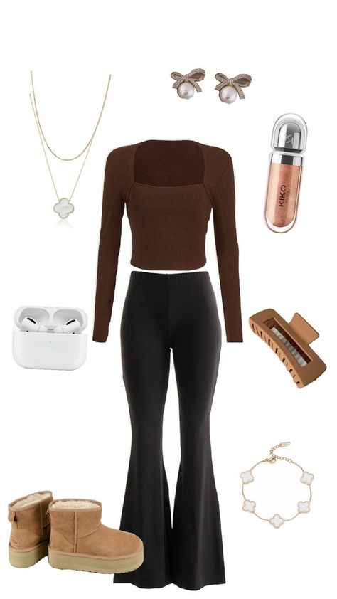 All you need is : flair leggings, a brown crop top , a pair of UGGs , a claw clip , airpods , jewelery of your choice and a nutural lipgloss Bell Bottom Leggings Outfits, Flair Leggings, Leggins Outfit, Autumn Outfit Inspo, Bell Bottom Leggings, Leggings Outfits, Brown Crop Top, Basic Long Sleeve, Autumn Outfit