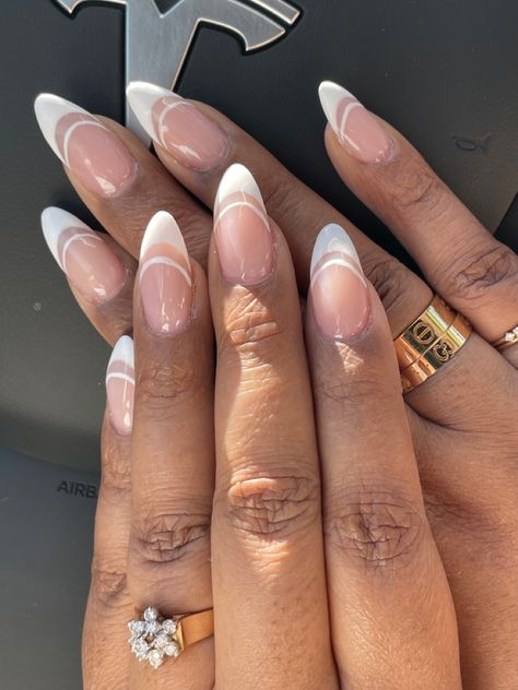 French Manicure With A Twist Almond, French Nails With A Twist Classy, French Tip With Twist, French Tip With Extra Line, 2 Line French Nails, French Manicure Inspiration, Fancy French Manicure Classy, Alomd Nails Ideas French Tip, French Nails With Line