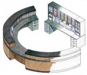 Element Of Space, Circle Desk, Home Bar Rooms, Nurses Station, Coffee Shops Interior, Front Office, Built In Furniture, Reception Design, Bar Room