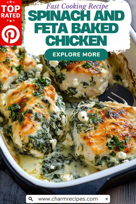 Spinach and Feta Baked Chicken Chicken Feta Spinach Recipes, Feta Cheese And Chicken Recipes, Chicken Spinach Cottage Cheese Recipes, Burek Spinach Feta, Boneless Skinless Chicken Thigh Recipes With Spinach, Easy Chicken Spinach Recipes, Spinach Feta Sausage Recipes, Chicken Feta Spinach Pasta, Spinach And Feta Chicken Rolls