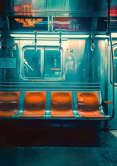 New York City subway seats with a digital sign above them, graphic art style, high contrast, hyper realistic, cinematic lighting Underground New York, Train Interior Drawing, 90s New York Aesthetic, New York Subway Aesthetic, Subway Background, Subway Reference, Train Composition, Subway Seats, Subway Interior