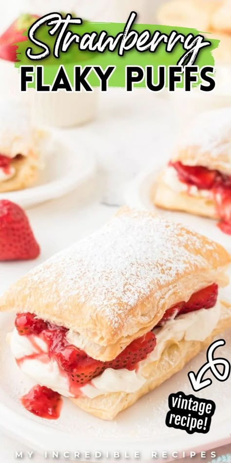 These strawberry flaky puffs (also known as pick-em-ups) are an elegant dessert to serve for friends and family this spring and summer. This recipe features a flaky and light puff pastry that is filled with a strawberry filling and a cream cheese mixture, making this treat great for Memorial Day, Fourth of July, or any occasion! Try these delicious strawberry flaky puffs today! Cupcakes With Pink Frosting, Recipes With Puff Pastry, Sweet Puff Pastry Recipes, Easy Strawberry Dessert, Strawberry Puff Pastry, Strawberry Cream Puffs, Cream Cheese Puffs, Pastry Recipes Dessert, Cream Cheese Puff Pastry