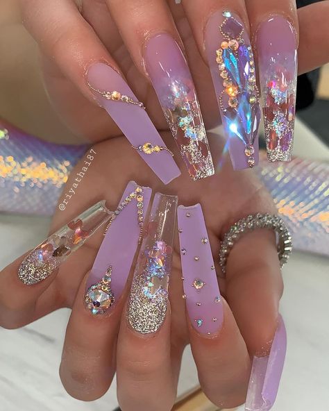 Cardi B Nails, Diamond Nail Art, Fake Nails Long, Confetti Nails, Coffin Press On Nails, Nail Candy, Gradient Nails, Prom Nails, Pretty Acrylic Nails