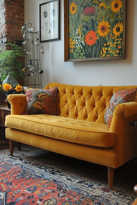 19 Boho Home Decor Ideas To Warm up Your Space 22 Bright Furniture Living Room, Yellow Sofa Aesthetic, Yellow Couch Living Room Ideas, Small Living Room Ideas Apartment, Boho Living Room Wall Decor, Living Room Ideas Boho, Boho Living Room Apartment, Boho Living Room Wall, Living Room Decor Boho