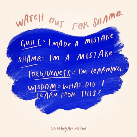 I love this post by @heyamberrae - The difference between guilt and shame is an important one. Guilt says “I did something bad” whereas Shame says “I’m bad.” Guilt says “I made a mistake” whereas Shame says “I’m a mistake.”   When we do something that doesn’t line up with what we value, guilt helps us course-correct. Shame has us interpret it as *personal.* It must mean something is wrong with *us.*   XOXO, Sarina Papa 💖 Reset. Revive. Refocus. Resolve. Follow @sarina_says Guilt Quotes, I Did Something Bad, Amber Rae, Guilt And Shame, Everyday Habits, Emotional Awareness, Something Bad, Mental Wellbeing, Mental And Emotional Health