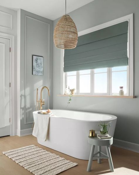 12 Best Paint Colors for Small Bathrooms Sherwin Williams Misty Bathroom, White Bathroom With Accent Color, Best Paint For Small Bathroom, Calming Bathroom Paint Colors, Light Colored Bathrooms, Best Colors For Bathroom Walls, Small Bathroom Wall Colors Paint, Bath Color Ideas, Best White Paint For Bathroom Walls