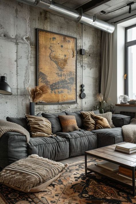 Industrial Interiors Living Room, Industrial Eclectic Interior Design, Cozy Industrial Interior Design, Industrial Style Living Room Ideas, Rustic Industrial Decor Living Room, Industrial Aesthetic Interior Design, Industrial Apartment Aesthetic, Black Decor Living Room, Contemporary Industrial Living Room