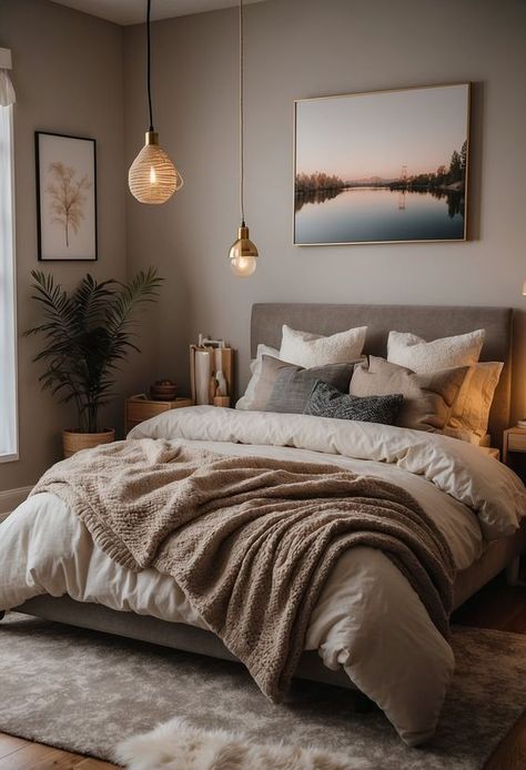 Brown Grey Room, Grey Headboard Bedroom Boho, Cozy Adult Bedroom, Warm Grey Bedroom, Home Bedroom Refresh, Grey Brown Bedrooms, Cozy Bedroom Inspirations, Cozy Modern Bedroom, Cosy Bedrooms