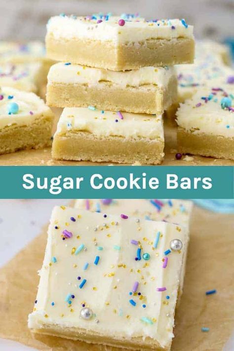 These Easy Sugar Cookie Bars are soft and chewy and topped with a perfect whipped vanilla frosting. They’re buttery, dense and chewy in the middle. Sugar Cookie Bars are perfect when you don’t feel like going through all the hassle to make cut out sugar cookies. #sugarcookies #sugarcookiebars #easysugarcookies #easysugarcookierecipe Dessert With Frosting, Sugar Cookies Bars Recipe, Sugar Cookie Dessert Recipes, Cookie Bar Ideas Parties, Bar Sugar Cookie Recipe, Things To Make With Sugar Cookie Dough, Sugar Cookie Brownies, Desert Bars Recipes Easy, Squares And Bars Recipes Easy