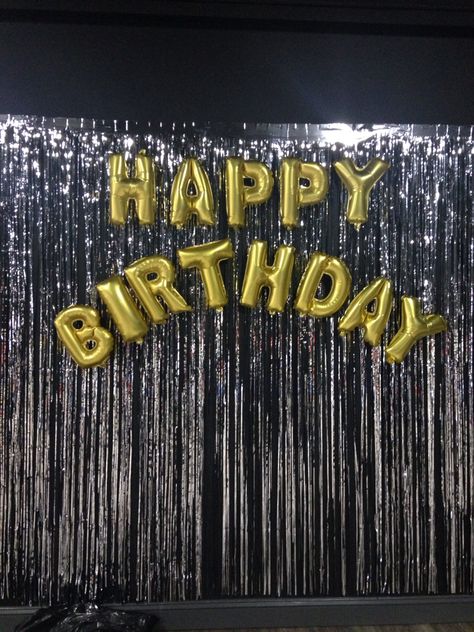 Inexpensive foil curtain. Mylar happy birthday balloons blown up & stuck to the curtain made the best photo spot! Foil Curtain Backdrop Ideas, Foil Curtain Decoration Ideas, Backdrop Curtain Ideas Birthday, Foil Curtain Backdrop Ideas Birthday, Gold Foil Curtain Backdrop Ideas, Curtain Backdrop Ideas, Foil Balloons Decoration, Backdrop Ideas Birthday, Happy Birthday Curtain Decoration