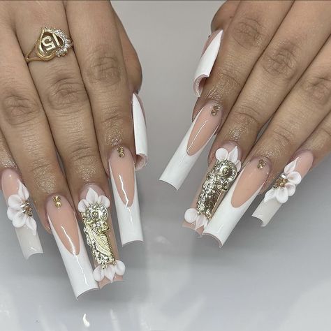 ig: _grabbersbydrea La Virgen Nails, Virgin Mary Nails, Virgencita Nails, Acrylic Nail Designs Classy, Graduation Nails, Long Acrylic Nails Coffin, Unique Acrylic Nails, Long Square Acrylic Nails, Acrylic Nails Coffin