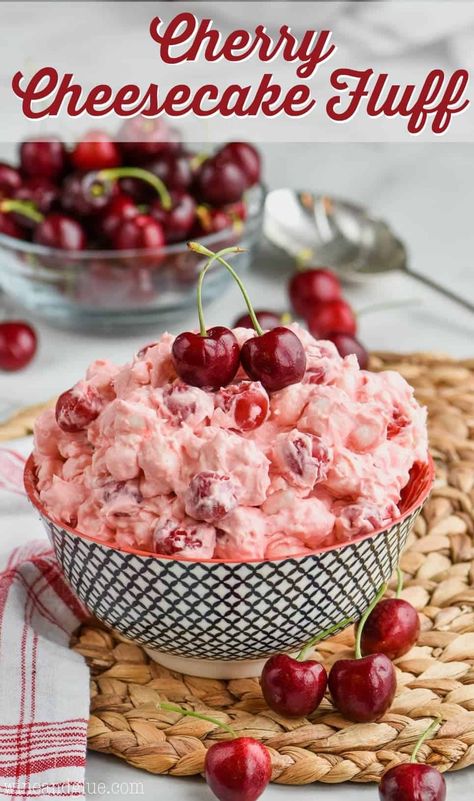 This Cherry Cheesecake Fluff is the perfect easy dessert for a crowd! This marshmallow fluff recipe comes together in about five minutes in a huge bowl. A fluff recipe easy enough that one of the kiddos can be in charge of making it! Cherry Cheesecake Fluff, Marshmallow Fluff Recipes, Fluff Recipe, Cherry Cheesecake, Desserts For A Crowd, Marshmallow Fluff, Salad Side Dishes, Easy Desserts, Cherry