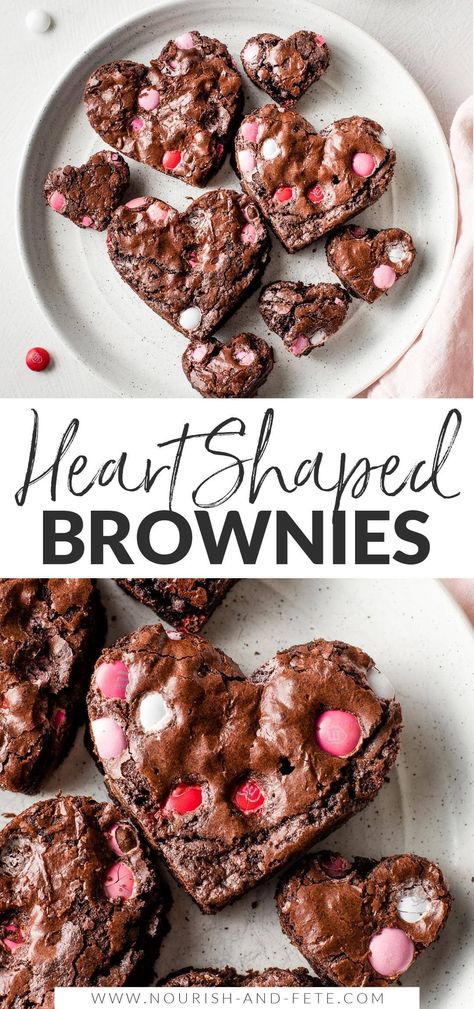 These easy and adorable heart shaped brownies are perfect for Valentine's Day! Fudgy brownies packed with chocolate chips and pink M&Ms, cut into cute heart shapes for maximum sweetness. Heart Shaped Brownies, Basic Brownie Recipe, Valentines Recipes Desserts, Valentine's Day Chocolate, Valentines Snacks, Valentines Baking, Chocolate Covered Strawberry, Baking Basics, Baking Science