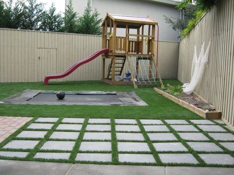 love the pavers with grass between transitioning to full grass Backyard Pavers With Grass In Between, Pavers With Grass In Between, Grass Between Pavers, Backyard Goals, Playground Landscaping, Pavers Diy, Backyard Playset, Diy Patio Pavers, Scandinavian Garden