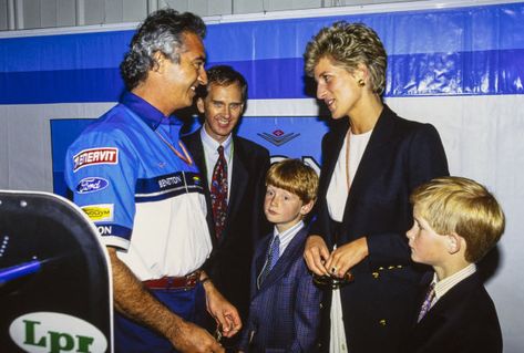 Flavio Briatore gives Princess Diana and Prince Harry a tour of the Benetton garage. Flavio Briatore, Prince Harry Photos, British Grand Prix, Motorsport Photography, Princesa Diana, The Garage, 1 Image, Kristen Stewart, Photo Library