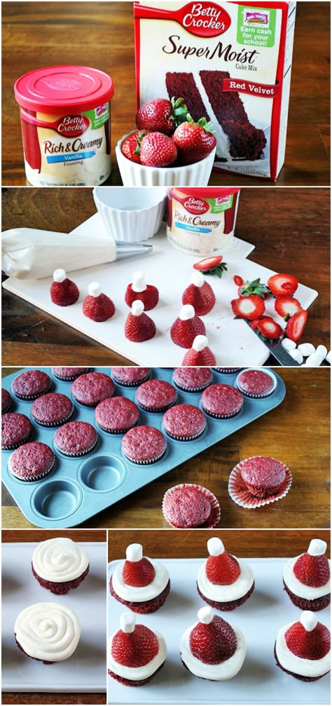 Adorable mini Red Velvet Cupcakes made from Betty Crocker cake mix and topped with strawberry santa hats perfect for holiday gatherings. Cake Mix Better, Mini Red Velvet Cupcakes, Strawberry Santa Hats, Strawberry Santa, Mini Santa Hat, Hat Cupcakes, Betty Crocker Cake Mix, Cupcakes Christmas, Betty Crocker Cake