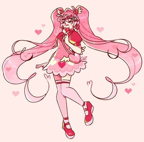 Hearts Drawing, Characters With Pink Hair, Shape Reference, Heart Outfit, Character Female, Outfit Drawing, Miku Cosplay, Heart Drawing, Cute Kawaii Drawings