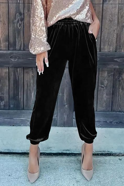 $6.45 Black Solid Velvet Jogger Pants Wholesale Lisa Fischer, Velvet Joggers, Graduation Outfits, Bleach Product, Vintage Silhouette, Black Silhouette, Summer Concert, Velvet Material, Elastic Waist Pants