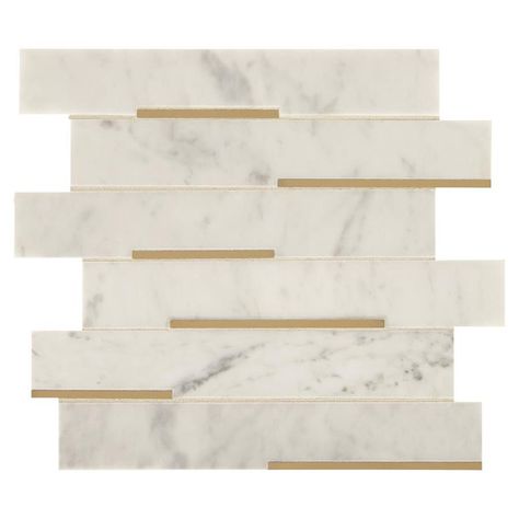 American Olean Genuine Stone White Carrara and Brass 11-in x 11-in Metal and Stone Linear Marble Mosaic Wall Tile (Common: 11-in x 11-in; Actual: 11.81-in x 11.81-in) Transitional Tile, Stone Look Wall, Bath Tile, Metal Mosaic Tiles, Fireplace Facade, Marble Wall Tiles, Tile Accessories, Mosaic Wall Tiles, Fireplace Remodel