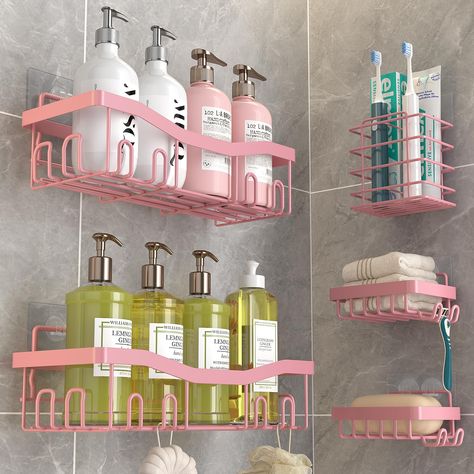 PRICES MAY VARY. 【5 Packs Shower Organizers Set】:Youvip bathroom shower shelves set include 2 shower caddies、2 soap holders、1 toothbrush holder and 5 adhesives.This bathroom organizer set can easily hold bath items such as shampoo, toothpaste, loofahs, and razors.Shower rack suitable for bathroom, kitchen, tool room, etc. 【Rustproof Durable Shower Shelves】:Youvip shower caddies made of high-quality stainless steel, waterproof, rust-proof, scratch-resistant and can be used for a long time.. The T Pink Shower Caddy, Apartment Shower Organization, Bathroom Storage Aesthetic, Dorm Shower Ideas, Bathroom Dorm Ideas, Shower Organization Ideas, Y2k Bathroom, Rust Bathroom, Bathroom Shower Shelves