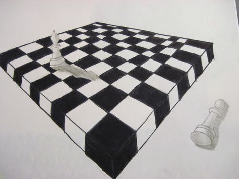 Two point perspective chess board. Principle of movement.  Pencil & black marker. Chess Board Perspective, Chess Board Drawing, Practice Sketching, Art Perspective, Two Point Perspective, Bujo Ideas, Point Perspective, Grade 7, Principles Of Design