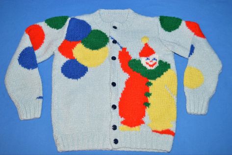 80s Clown, Homemade Sweater, Clowncore Fashion, Clown Balloons, Hand Knit Cardigan, Balloon Lights, Cute Clown, Clowning Around, Girls Cardigan