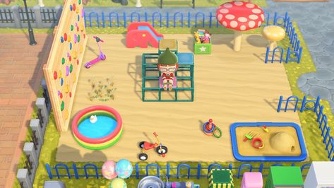 Acnh Playground Design Codes, Acnh Playground Design Ideas, Animal Crossing Playground Ideas, Animal Crossing Playground, Acnh Playground Idea, Acnh Playground, Acnh Park, Achn Ideas, Animal Crossing Cafe