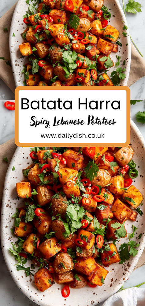 Batata Harra - Spicy Lebanese Potatoes Lebanese Side Dish Recipes, Lebanese Spicy Potatoes, Middle Eastern Potato Recipes, Batata Harra Recipe, Thai Potatoes, Lebanese Vegetarian Recipes, Turkish Side Dishes, Vegan Dinner Party Recipes, Lebanese Brunch