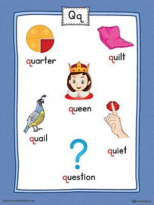 The Letter Q Word List with Illustrations Printable Poster is perfect for students in preschool and kindergarten to learn new words and the beginning letter sounds of the English alphabet. Q Words Preschool, Q Is For, Q Words For Kids, Q Words, Words With Q, Alphabet Chart Printable, Sound Activities, Color Worksheet, Letter Sound Activities